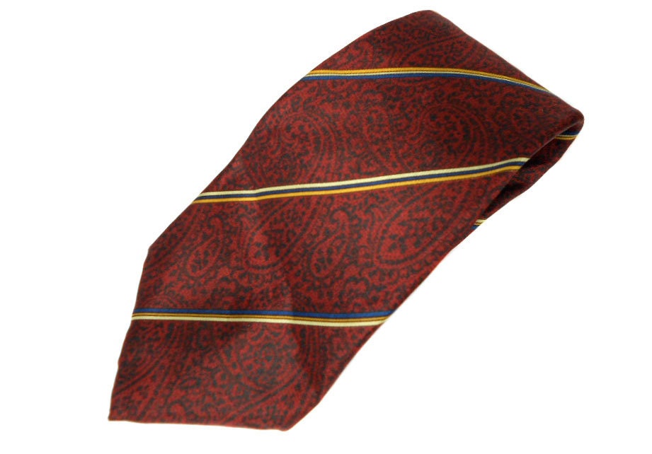 1980s Yves Saint Laurent Silk Necktie - Skinny Tie - Paisley Diagonal Stripes - Paris New York - Office Fashion - Mens Vintage