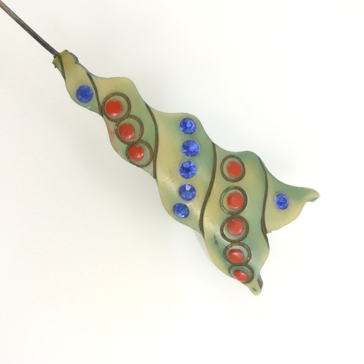 Art Deco Hat Pin, Celluloid Plastic Stickpin, Vintage 1920s Rhinestone Brooch Hatpin, Hand Painted, Blue Red Green Twist