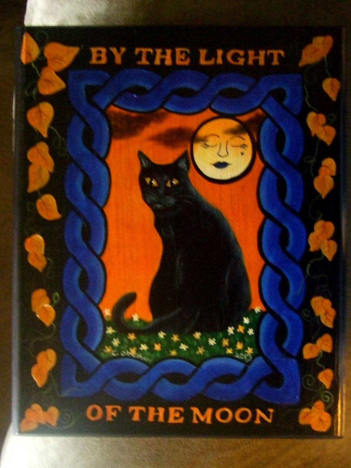 Halloween Black Cat, By the light of the moon, OOAK primitive painting