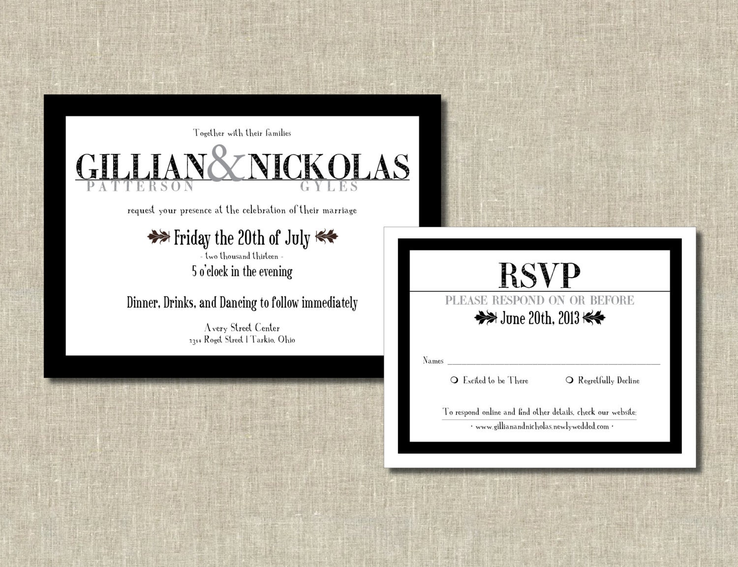Fun and classic Printable Wedding Invitation and RSVP Set - black and white - Custom Colors - WL9