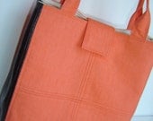 Bright orange tangerine canvas and dark brown faux leather handbag tote