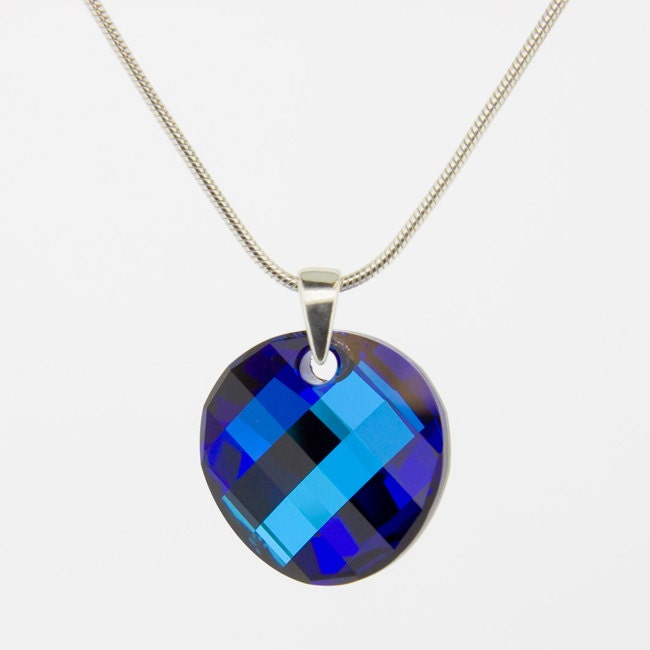 Round Crystal Necklace: SWAROVSKI ELEMENTS Twist Blue Crystal Pendant On Sterling Silver Snake Chain