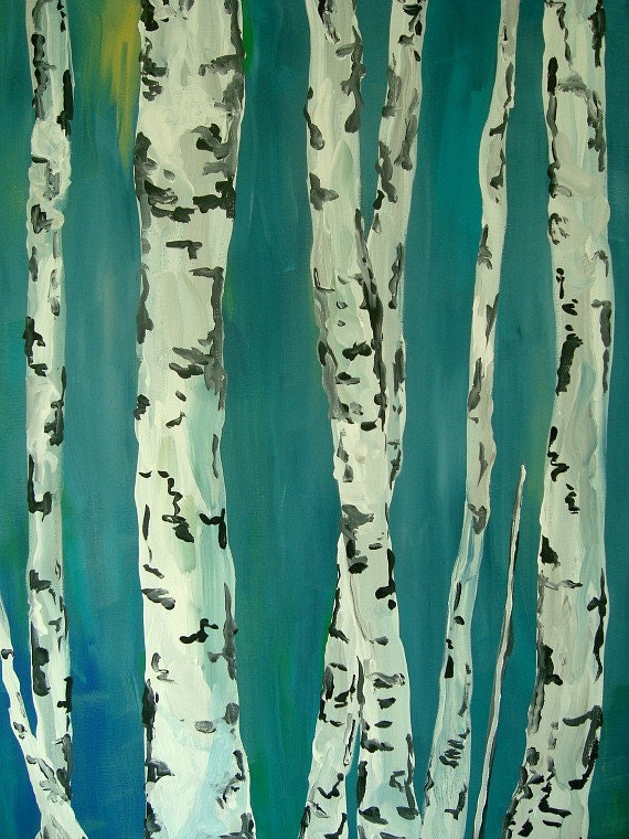 Birch Tree Painting Landscape Art Aqua Black White 18" x 24" Canvas