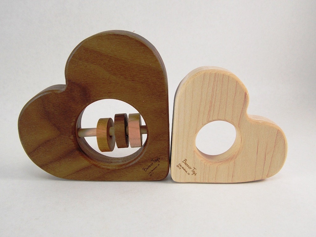 Baby Gift Set with Wooden Heart Rattle and Maple Heart Teether - Valentines Gift