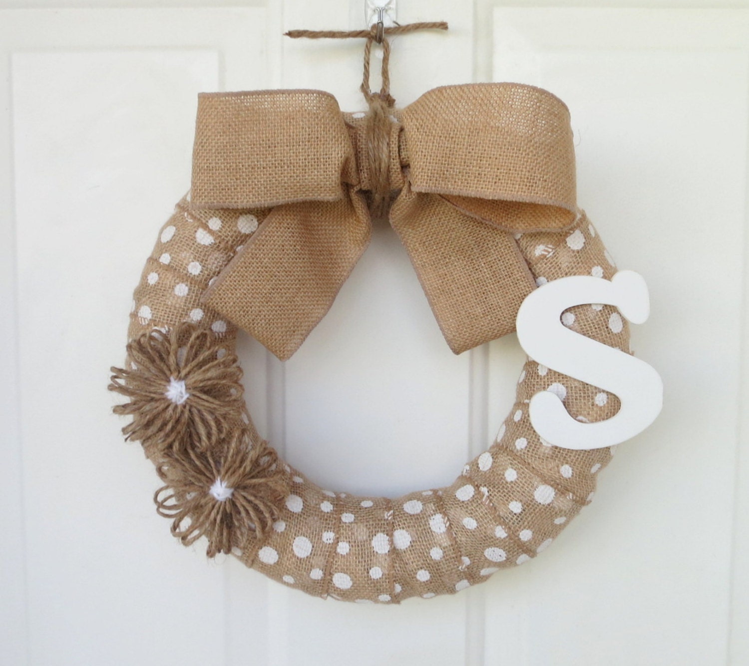 Burlap Wreath - Initial Wreath - Everyday Wreath - White Polka-Dot Wreath - 12-Inch Wreath w/Jute Flowers and White Initial - Outdoor Wreath