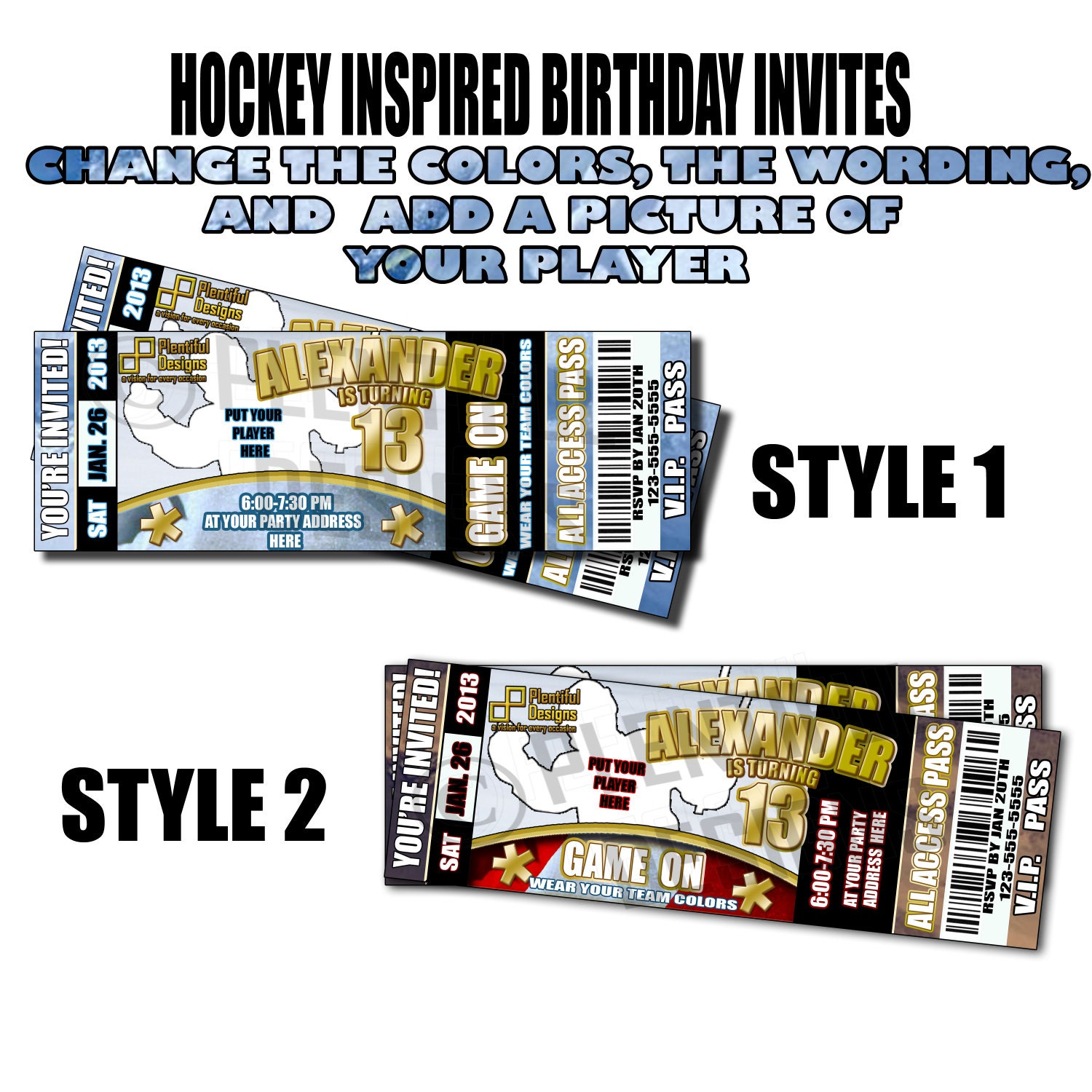 Custom Hockey Inspired Birthday Ticket Style Horizontal Style 1 or 2 invite, JPEG only, You Print, or send as E-card, 2 tickets in1: 4x6