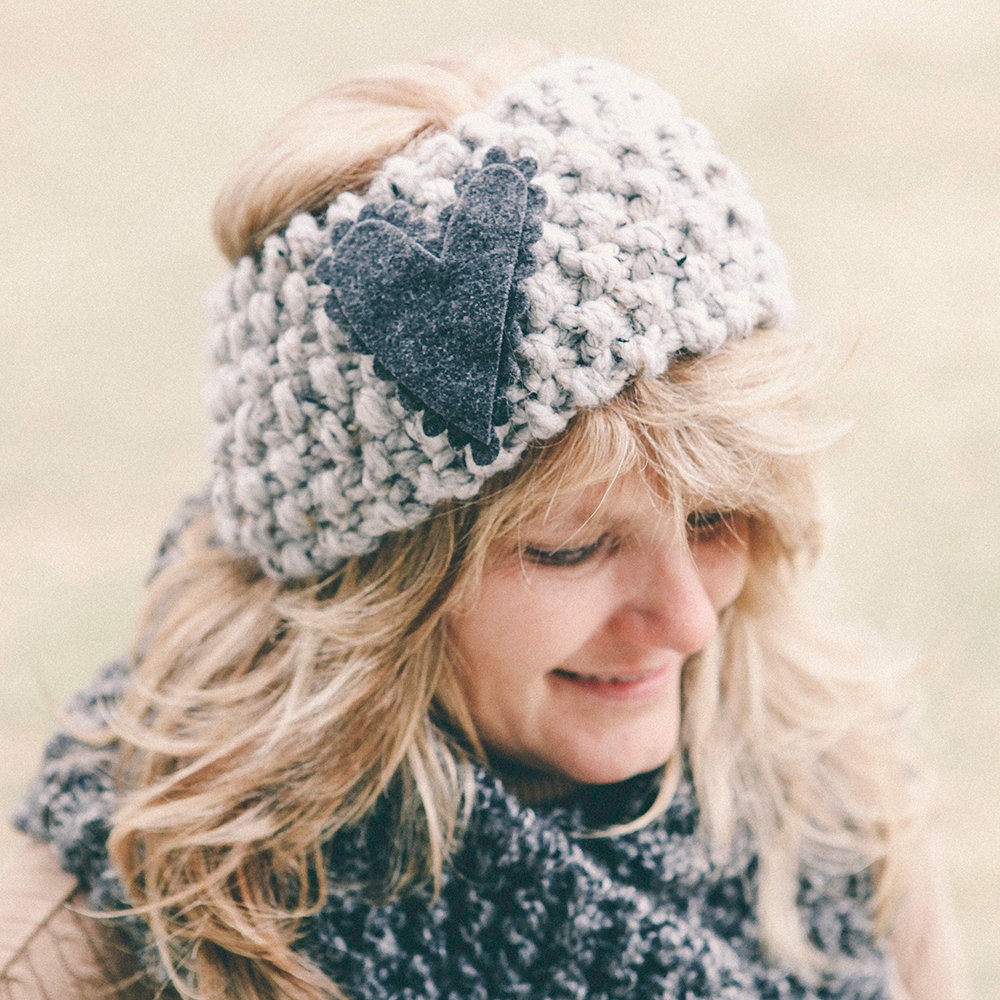 Grey Marble Knit Headband with a felt heart attachment Valentine Fashion