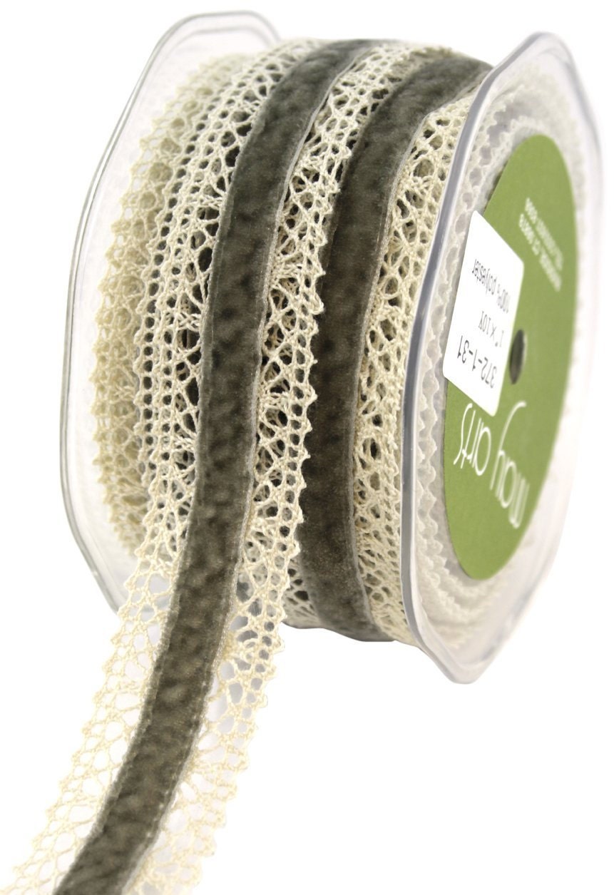 1 YD Gray Velvet Ribbon With Crocheted Trim 1 inch diameter Scrapbook Card Making Crafting