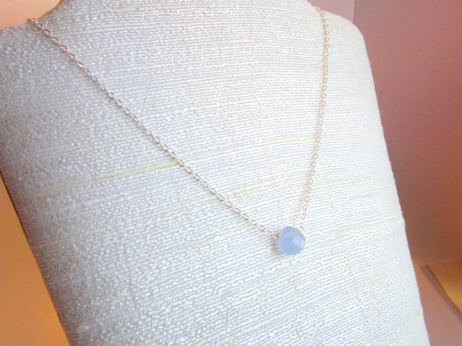 Sterling Silver Pale Blue Chalcedony Necklace, Wire Wrapped Chalcedony Briolette
