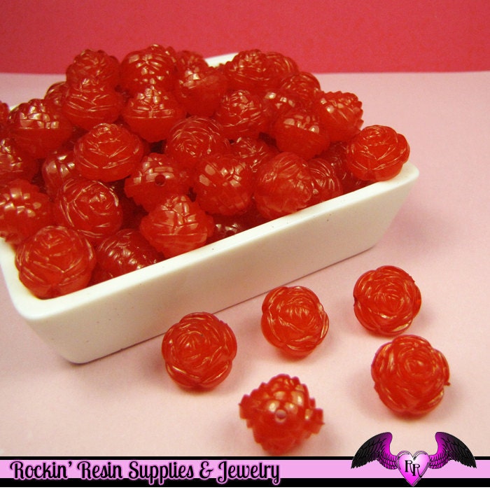 25 pc ROSE Flower Acrylic Jelly Beads in FLAME RED Color 14mm
