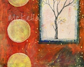 11"x14"x.5" mixed media painting-trees and yellow circles on orange, textured