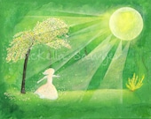 11"x14"x.5" acrylic painting on canvas-young girl dancing-sunshine-green forest-spring