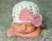 Newborn girl hat baby girl hat cream and pink bow beanie photography prop crochet knit infant girl hat photo prop ecru - MADE TO ORDER