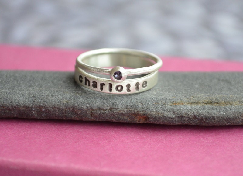 Mother's Birthstone and Name Ring Single Stacking Set in Sterling Silver