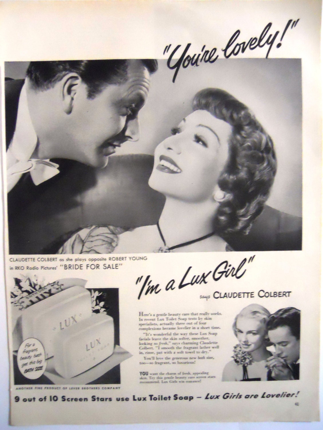 Retro Lux Soap Featuring Claudette Colbert Magazine Advertisment.