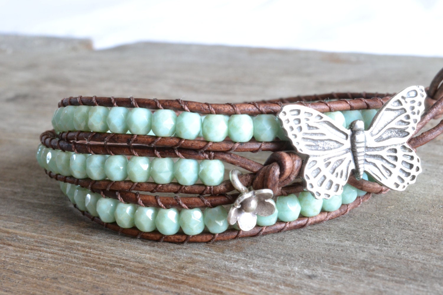 A gypsy's soul, Aqua/Mint Butterfly, leather triple wrap bracelet, Rustic Country, Gypsy,  Boho chic, bohemian, Chan Luu style
