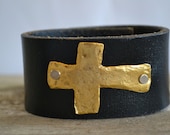 Sideways Cross Leather cuff bracelet 'Faith' gold hammered cross , distressed, boho country