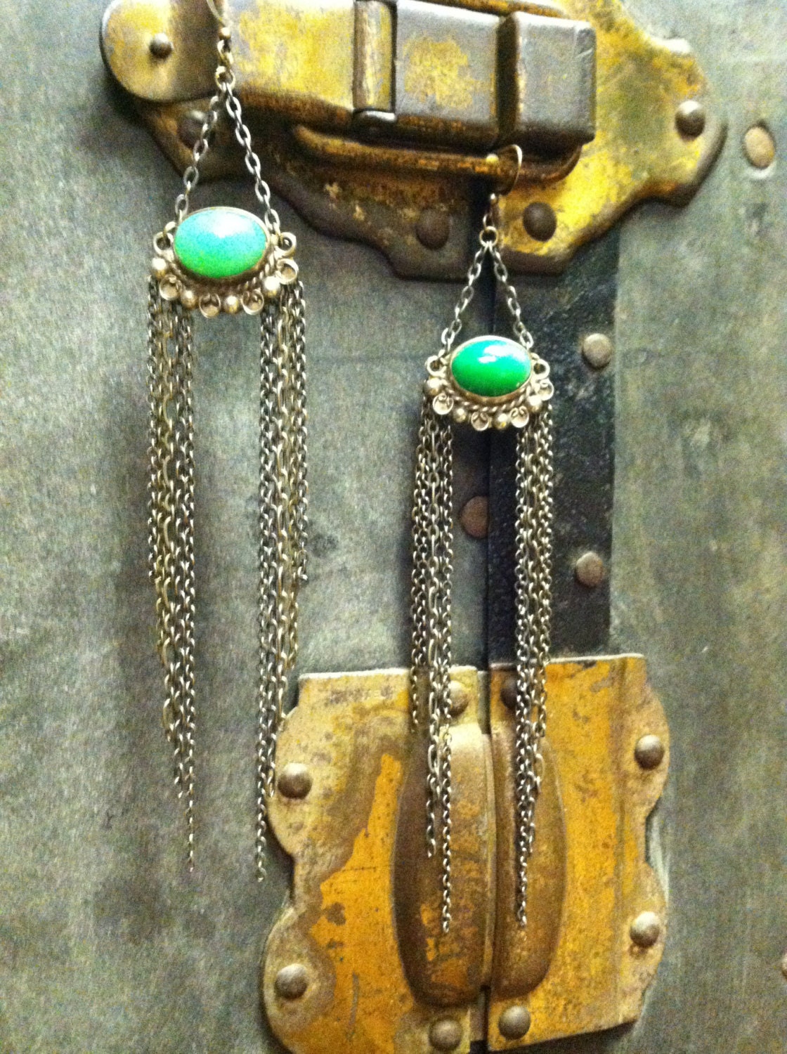Vintage 1960's/ 70's Mexican Sterling Chrysoprase Vintage Bronze Dangly Earrings