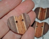 Wooden Buttons - Handmade  Heart shaped multilayered Black Walnut, Mahogany, Hard Maple (1.50 each button)
