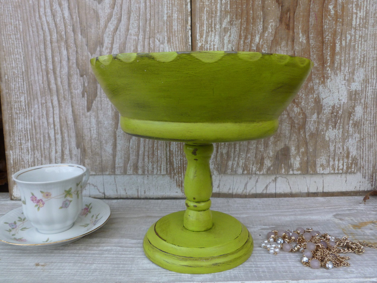 Chartreuse Painted Decorative Wood Display Bowl