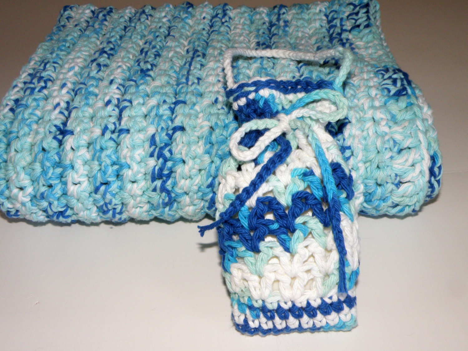 Large Crochet Bath Rug and Soap Saver Sack Gift Set, Handmade Bathroom Gift Set in Natural Fiber- Cotton Yarn
