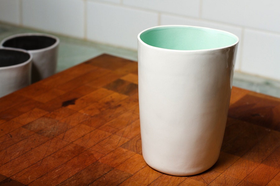 Large Cup/ Small Vase Turquoise and White Handmade Ceramic Pottery Cup / Simple, Modern and Beautiful White Cups - ready to ship