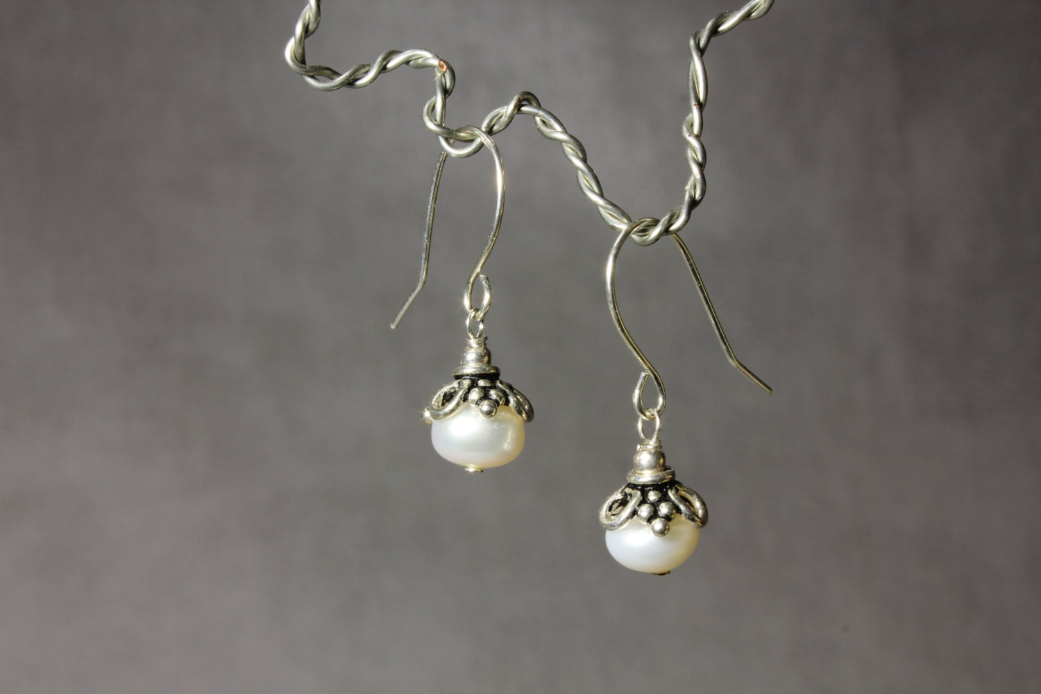 White Fresh Water Pearls, Sterling Silver, Delicate Elegant Dangling Earrings