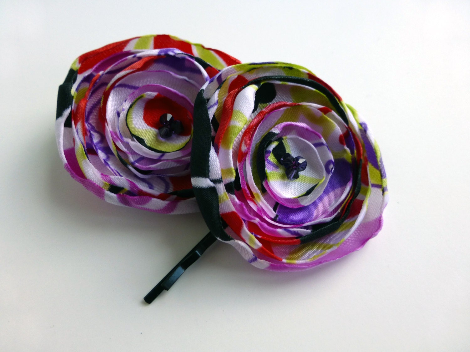 Electric Pattern of Black, Purple, Lime Green and Salmon Red on White, Handmade Fabric Flowers on Black Bobby Pins, Fun Fashion Accessory