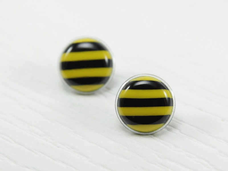 Black Yellow Striped Stud Earrings 20mm - Yellow Striped Earrings - Striped Jewelry - Striped Post Earrings - Stripes Ear Stud