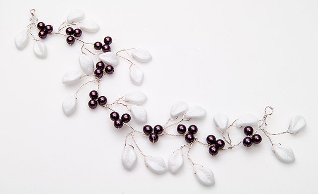Purple White Bridal Hair Vine, Leaf Hair Vine. Bridal Accessories, Wedding Accessories