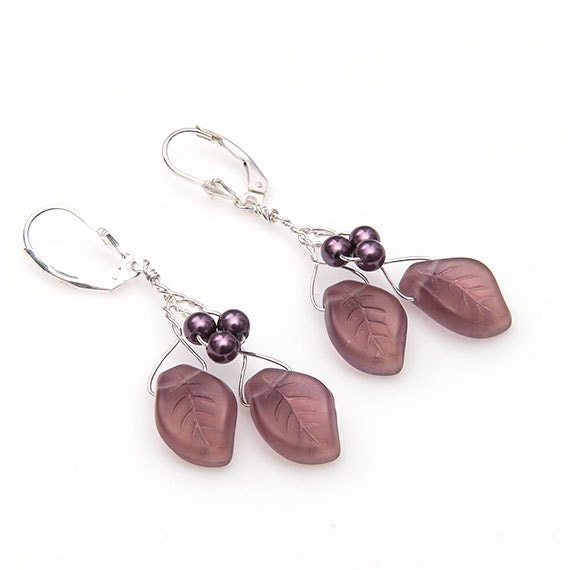 Burgundy Dangle Earrings with Sterling Silver, Purple Dangle Earrings, Leaf Earrings, Nature Jewelry