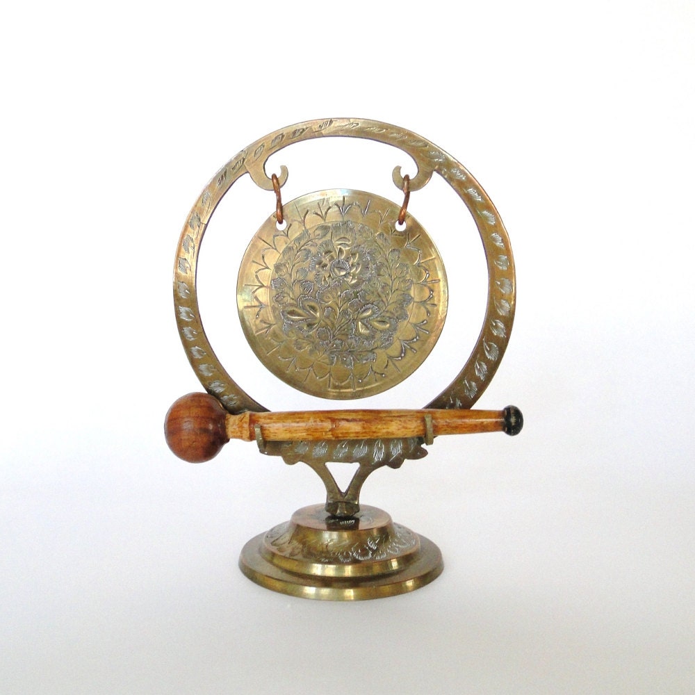 Vintage Brass Gong Chinoiserie Chic Table Accessory Meditation Room Unique Desk Paperweight Novelty Eclectic Home Decor