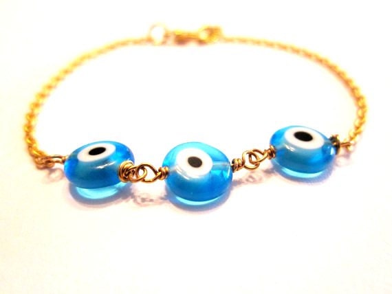 Evil Eye Bracelet Three Baby Blue Gold Plated Chain