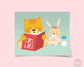 Nursery art print, Kids wall art, Portrait of a kitten that's trying to read fairy tales on a mint background, 11x14, Art print.