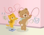 Nursery art print, Kids wall art, A teddy bear and a kitten caught in the act of drawing on the walls, 8x10, Art print