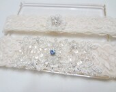 Wedding garter set - something blue, Wedding bridal garter, lace garter, Ivory lace with Swavoski rhinestone