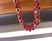 Red and Dusty Gold Beaded Bracelet 6.5 inches Heart Magnetic clasp