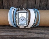 100% Handmade Leather Wrap Around Watch Cuff Carved Tooled Recycled White Tiffany Blue Diamonds Silver Opal Wristband Band Strap Jewelry