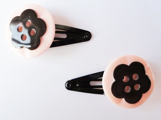 Flower Hair Clips, Baby Pink and Black Pretty Buttons So Cute