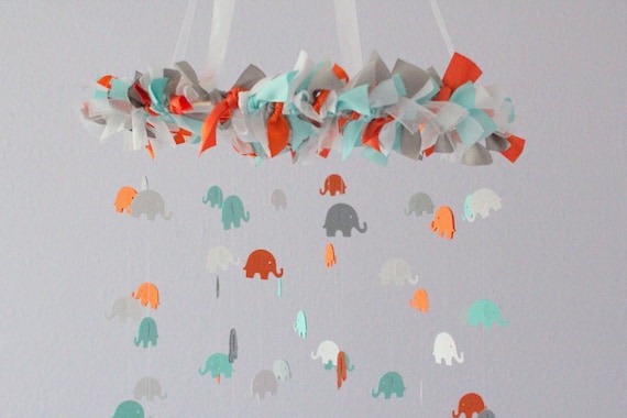 Elephant Nursery Mobile in Aqua, Orange, Gray & White- Nursery Mobile Decor, Baby Shower Gift