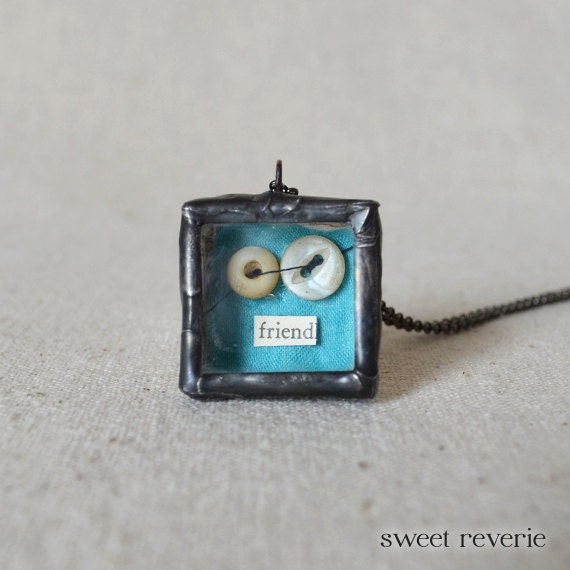 Friendship Necklace, Miniature Shadow Box Necklace, Altered Art Vintage Button Ephemera Reliquary Jewelry, Gift for Friend