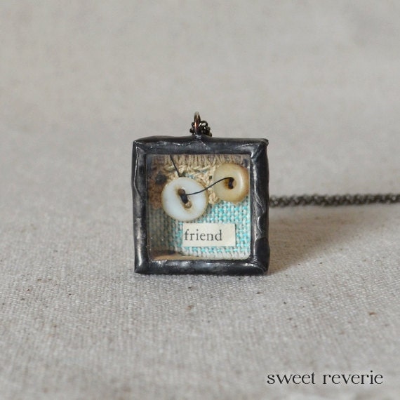 Friendship Necklace, Miniature Shadow Box Necklace, Altered Art Vintage Button Ephemera Reliquary Jewelry, Gift for Friend Bridesmaid