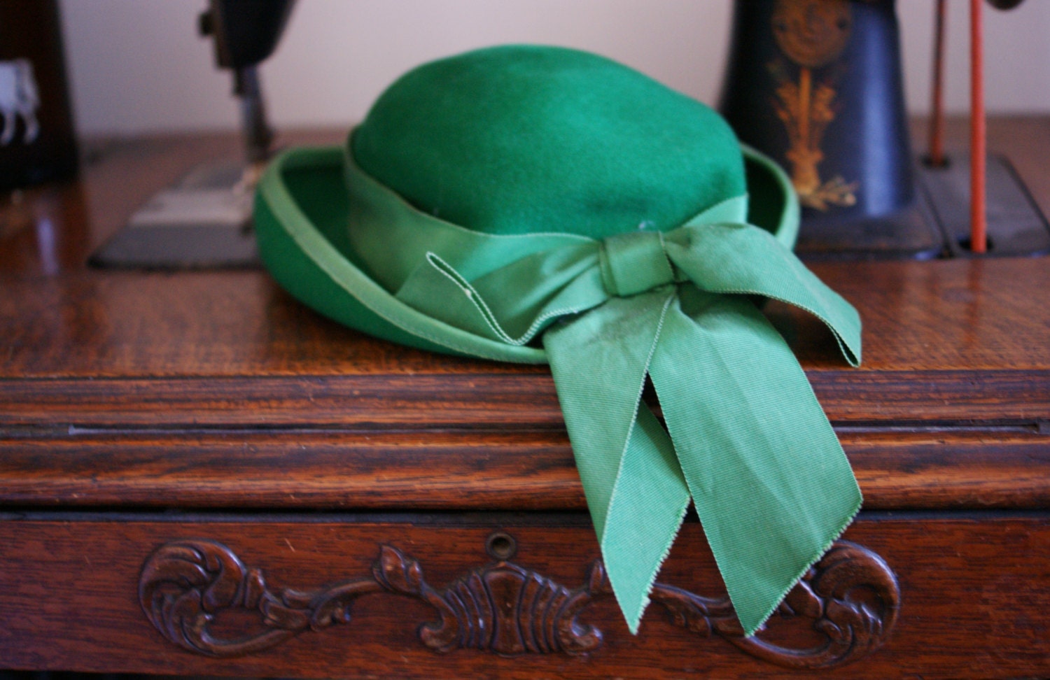 Vintage Merrimac Hat Corp Green Bow Bowler Hat