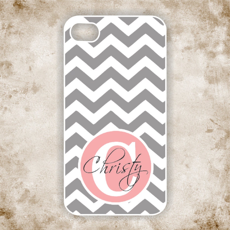 iPhone 4 Case - Gray Chevron with Pink Monogram iPhone Case, iPhone 4s Case, Cases for iPhone 4, iPhone 4 Cover (iM5119)