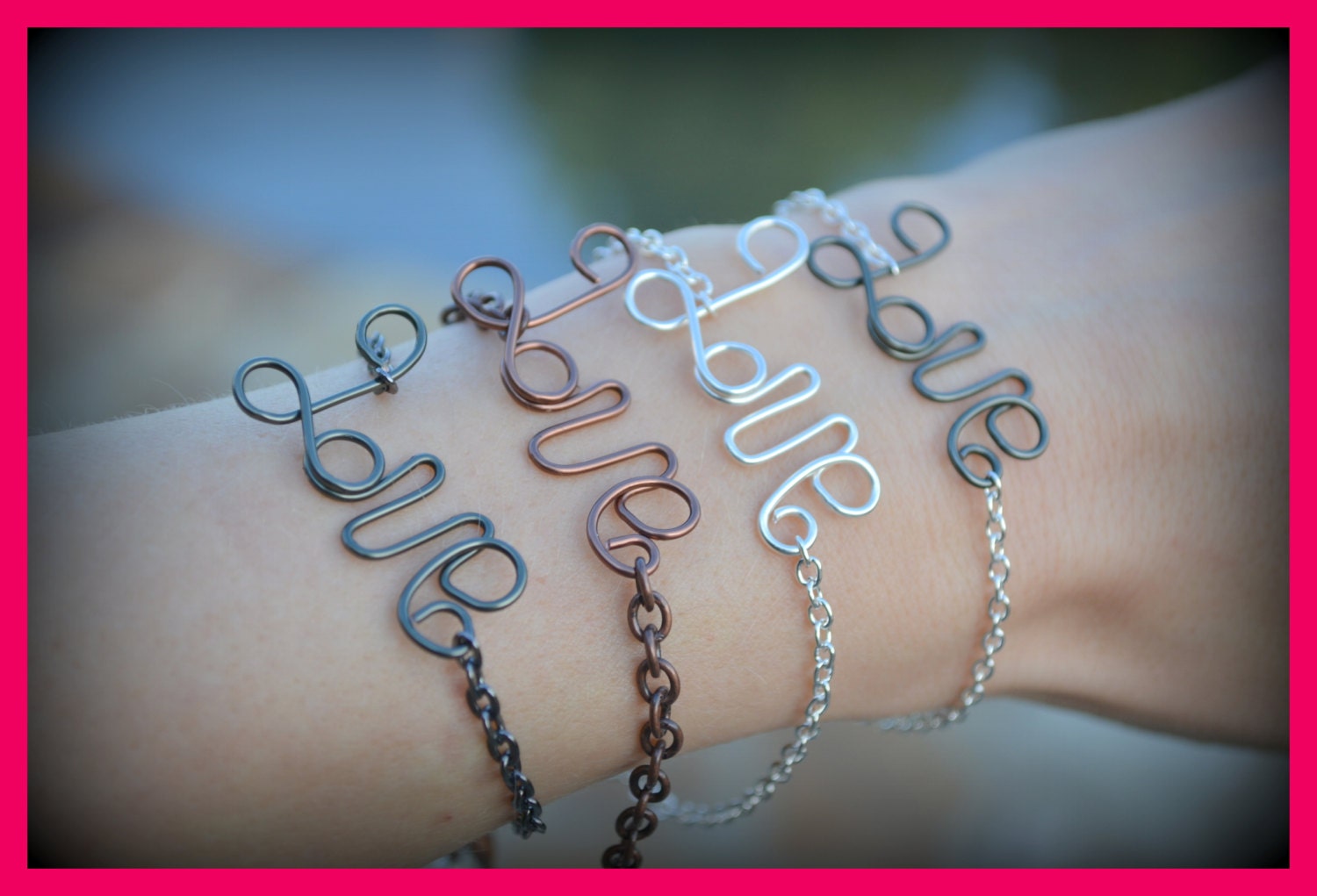 LOVE - Wire written bracelet - Brass - Gun metal - Copper - Gold or Silver plated - Valentines gift