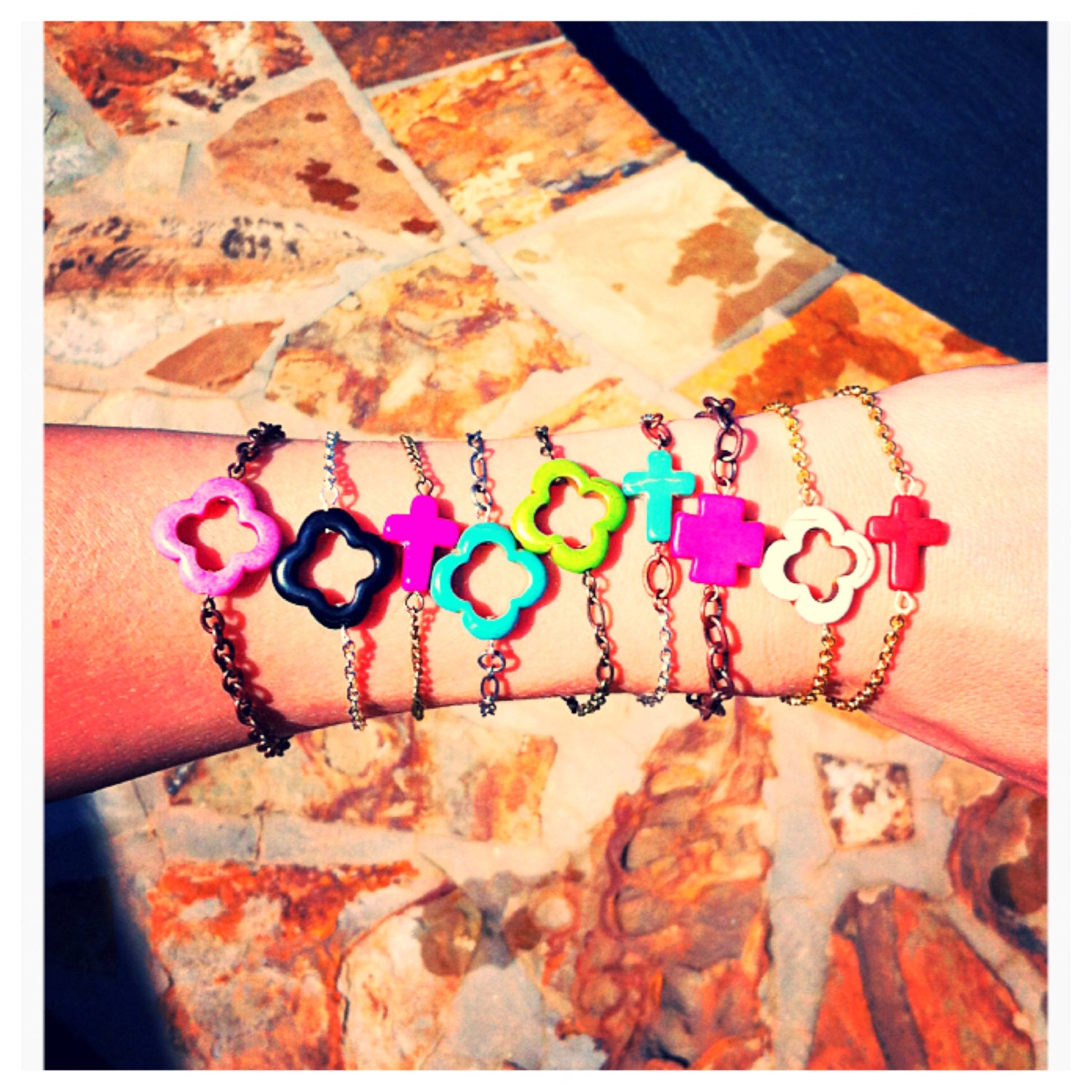 Turquoise Quatrefoil Clover stacking bracelet - Any color chain - Any color clover - any length