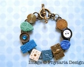 Bracelet Multiform Assemblage Upcycled Watch Parts Clay Tiles Green Blue Fish Squared