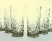 Mid-Century Libbey Aztec Olive Green Crinkle Glasses, Set of 6 Vintage Avocado Tumblers
