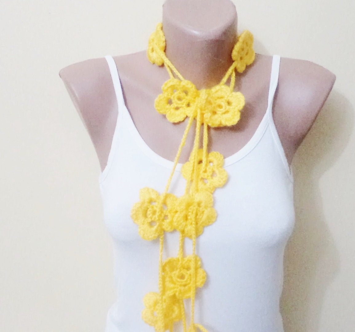 Lariat scarf, Handmade scarf with flowers. new fashion, yellow lariat, home decor, spring trend, women accessories, mom gifts