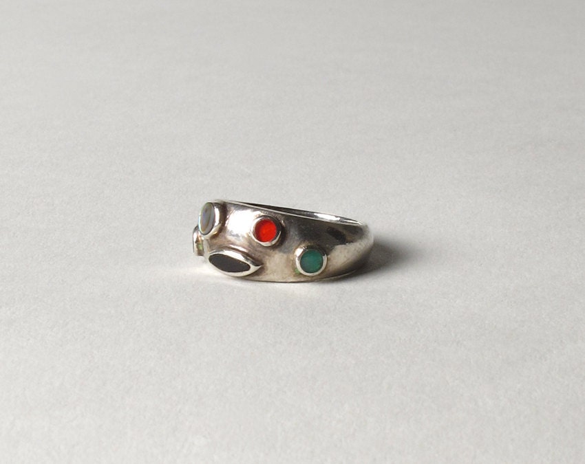 Sterling Silver Ring with Semi-Precious Stones, womens vintage jewelry 1970s